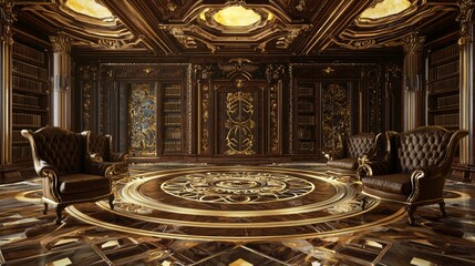 Obraz premium Elegant Study with Intricate Floor Design and Luxurious Seating
