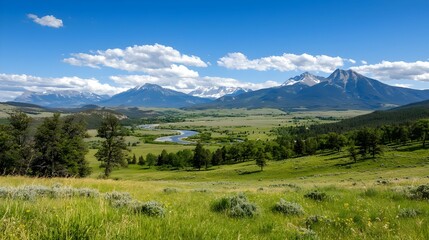 Fototapeta premium Serene Mountain Valley Landscape with Lush Green Meadows under a Blue Sky