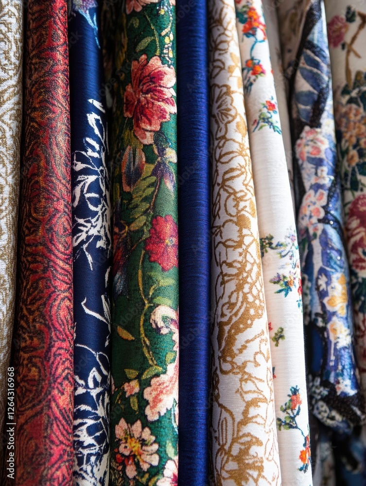 Poster close up view of vibrant patterned fabrics showcasing floral and geometric designs with space for te