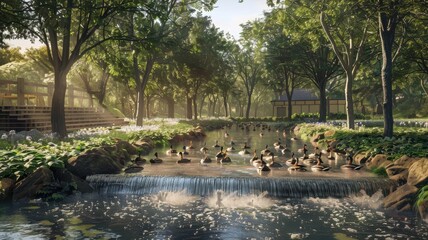 Gentle Waterfall Cascading into a Serene Pond Nature Scene Tranquil Forest Daylight Peaceful Reflection of Life