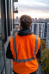 Obraz premium Man looks at city view at dusk in hi-vis; safety, construction or travel concept