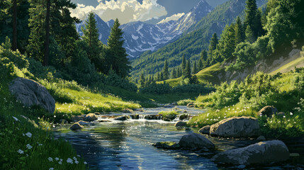 Mountain valley with river, green grass and firs. Vector parallax background ready for 2d animation with cartoon illustration of summer landscape with water stream, conifers and rocks