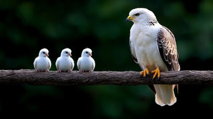 Obraz premium A white bird sitting on top of a tree branch next to three small white birds