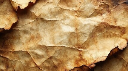 Close-up view of aged, crumpled parchment paper with intricate textures and warm tones