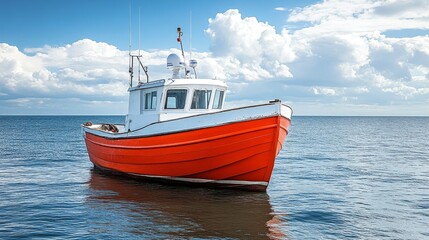 Obraz premium Vibrant Red Fishing Vessel Navigating Open Ocean Under a Cloudy Sky
