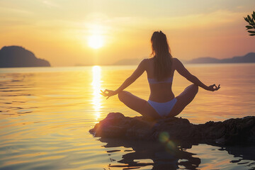 Silhouette of Woman Doing Yoga at Sunset on the Beach