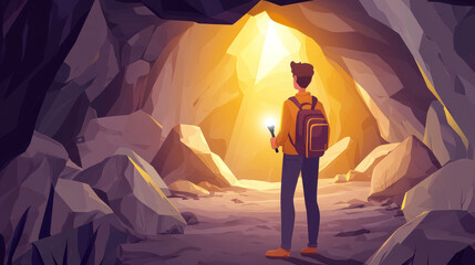 Traveler man at mountain cave entrance. Tourist with flashlight and backpack stand in rock grotto looking for right way, explore new place. Hiking travel extreme adventure Cartoon vector illustration