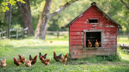 Fototapeta premium Eye-Level View of Chickens Near a Rustic Barn A Bright and Captivating Farm Landscape