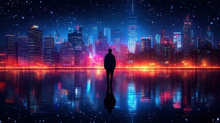 Fototapeta premium A silhouette of a person standing in front of a vibrant illuminated city skyline at night, reflecting lights on a tranquil water surface with a starry sky backdrop