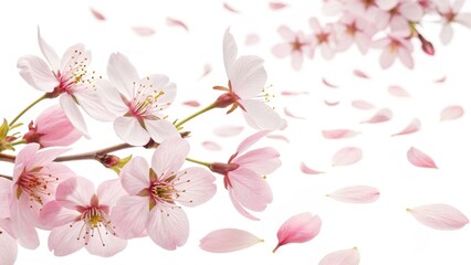 Fototapeta premium Cherry Blossom Branch with Falling Petals Close-up Photography, Spring, Floral, Nature, Pink. Cherry Blossoms, Spring Flowers