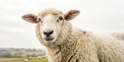 Fototapeta premium Close-up Sheep Portrait Fluffy Fleece, Curious Gaze, Rural Scene, Sheep Photography, Farm Animal, Ovine, Wool Sheep photography