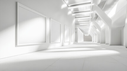 Obraz premium White room, corridor background, museum space 3d render. Art gallery, exhibition hall interior with blank white frames hanging on wall, spotlight illumination on ceiling, Realistic vector illustration
