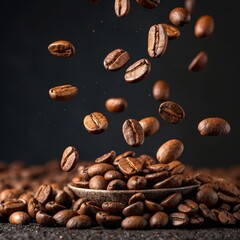 Fototapeta premium Falling Coffee Beans Dark Background Composition, Roasted Coffee Image, Levitation Concept, Coffee Photography, Aroma Coffee Beans, Levitation Photography