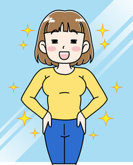 鏡の前で痩せた自分に自信を持つ女性のイラスト