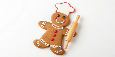 Fototapeta premium Gingerbread Chef Cookie with Rolling Pin Christmas Baking, Holiday Treat, Gingerbread Man, Christmas Cookie Christmas baking, gingerbread man