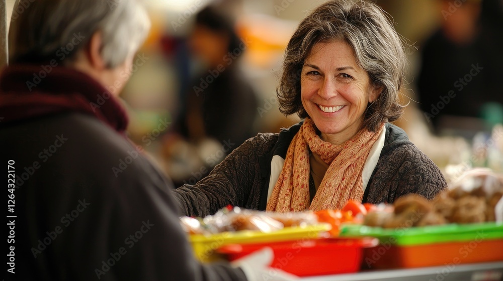 Poster candid capture of a woman distributing food at a donation center, complemented by colorful trays and
