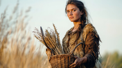 Ancient caveman woman vector cartoon illustration. Female character, hunter and gatherer of Stone Age, in clothes from animal skins with primitive work tool and basket for collecting plants in hands