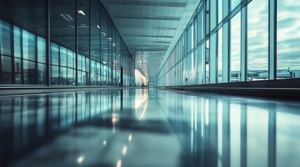 Fototapeta premium Modern Glass Corridor: Serene Airport Interior Reflections
