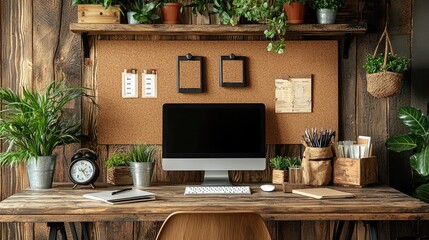 Cozy workspace with a computer, plants, and corkboard on a rustic wooden desk, enhancing productivity
