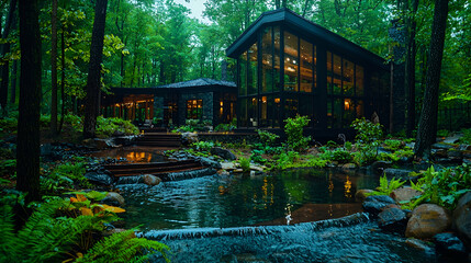 Modern forest home, tranquil pond, lush garden, evening
