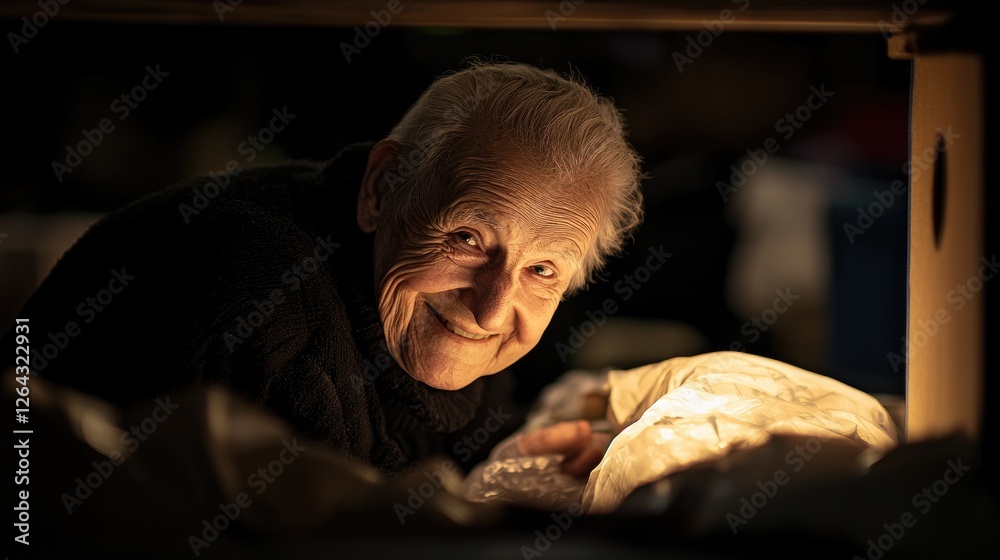 Poster portrait of an elderly volunteer smiling while sorting donations at a shelter, illuminated by gentle