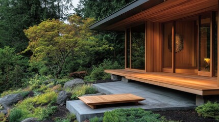 Modern cedar house exterior blending into lush green landscape