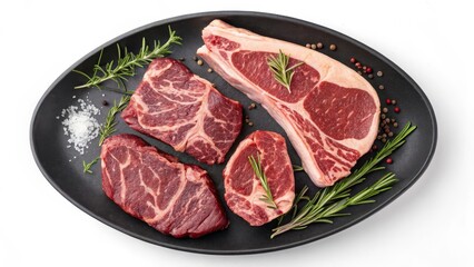 Fototapeta premium Overhead Flatlay of Raw Steaks with Herbs and Spices, Gourmet Meat, Steak Recipes Steak, Recipe, Food photography