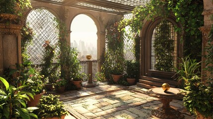 Fototapeta premium Enclosed Rooftop Patio with Lush Greenery and Scenic City View