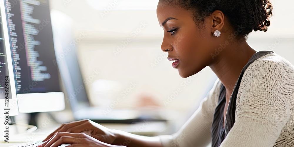 Poster a woman coding at her desk, her hands moving rapidly over the keyboard, surrounded by dual monitors 