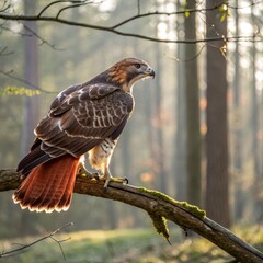 Red-tailed Hawk Perched on Branch Forest Sunrise, Wildlife Photography, Bird of Prey, Raptor, Nature, Red-tailed Hawk, Wildlife