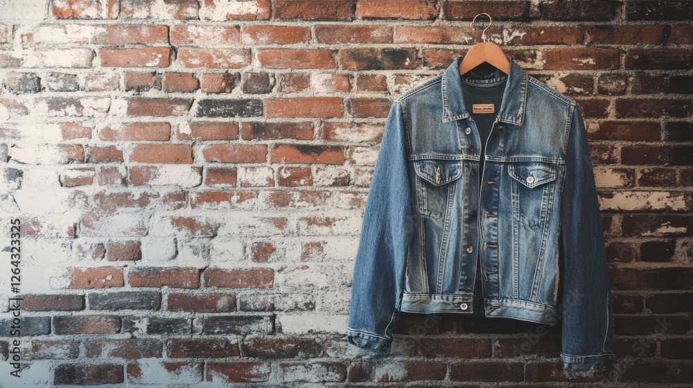 Aufkleber denim jacket hanging against textured rustic brick wall with space for text. generative ai