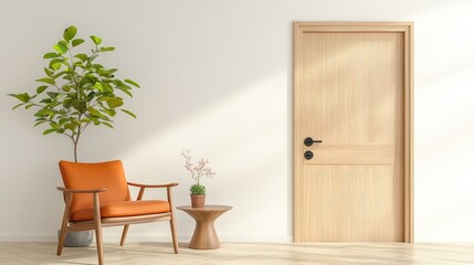 Modern interior with a wooden door, stylish chair, and potted plants in a bright room