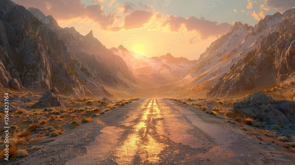 Sticker Serene sunset illuminating a winding road through majestic mountains with soft clouds in the background