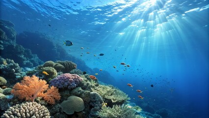 Naklejka premium Sunlit Coral Reef Vibrant Underwater Scene, Fish, Coral Composition, Ocean Life Coral Reef, Underwater Photography