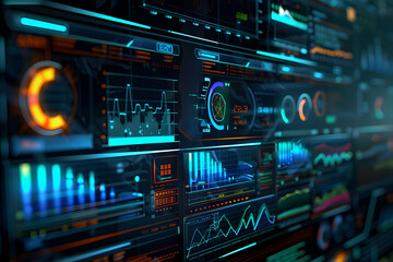 Naklejka premium Futuristic data visualization dashboard displaying various analytics and graphs in a tech environment
