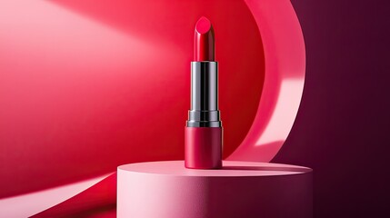 A vibrant lipstick placed on a sleek pink pedestal, exuding a sense of modern elegance and beauty in a sophisticated, minimalist setting
