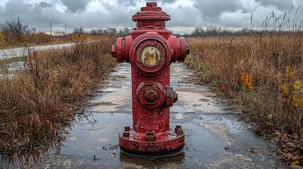 Red fire hydrant standing in a puddle on a deserted road surrounded by overgrown grass and cloudy sky