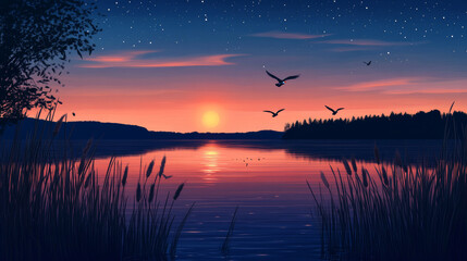 Naklejka premium Swamp and cattail near lake, night, morning or sunset vector background. Pond with bulrush in park. Shining water surface in river fantasy cartoon illustration. Wild nature landscape with flying birds