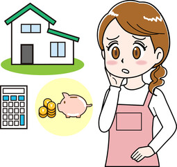 住宅ローン返済に悩む女性（主婦）のイラスト