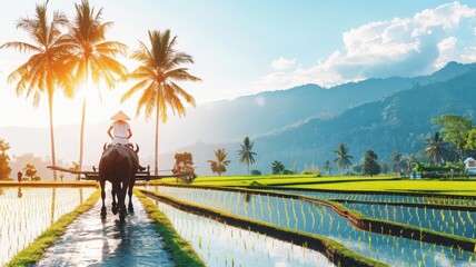 Naklejka premium Scenic Sunset Buffalo Pulling Cart Through Rice Fields - Tropical Rural Landscape Photography