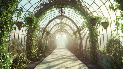 Ivy-Covered Archway in Serene Greenhouse Environment