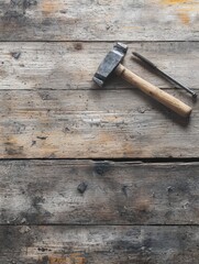 Wooden surface with a hammer and screw, perfect for DIY projects and home repairs. Generative AI