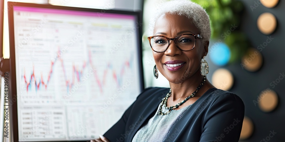 Aufkleber a wide-angle view of a woman presenting financial strategies beside a screen displaying charts, her 