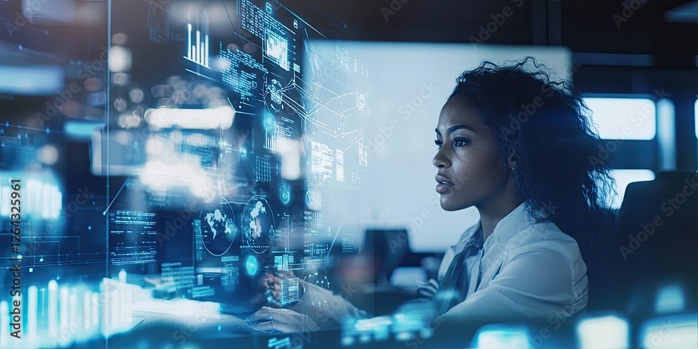 Poster wide shot of a woman working with her team in a tech office, their collaborative energy reflected in