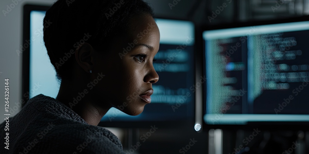 Poster a woman coding at her desk, dual monitors displaying code, her focused expression enhanced by the soft, muted lighting.