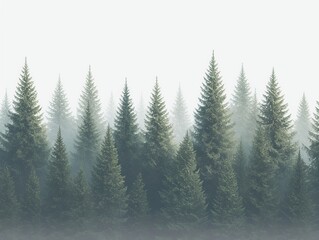Fototapeta premium Misty conifer forest landscape, morning fog, nature background