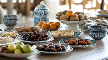 Fototapeta premium A Table Set with Dates, Fruits, Nuts, and Other Treats