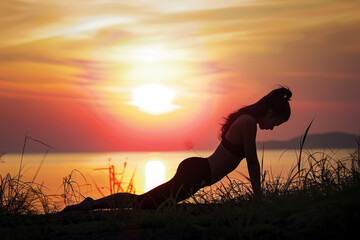 A meditative yoga scene during sunset showing the silhouette of a person in lotus pose. The warm sky and stillness evoke feelings of clarity, mindfulness, and inner peace