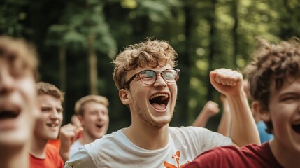 Teenagers cheering outdoors, summer camp