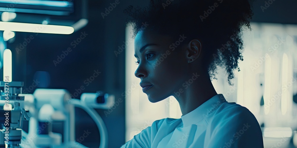 Aufkleber Medium shot of a woman testing robotics in an advanced lab, her thoughtful expression reflecting focus as she examines the settings, surrounded by state-of-the-art equipm